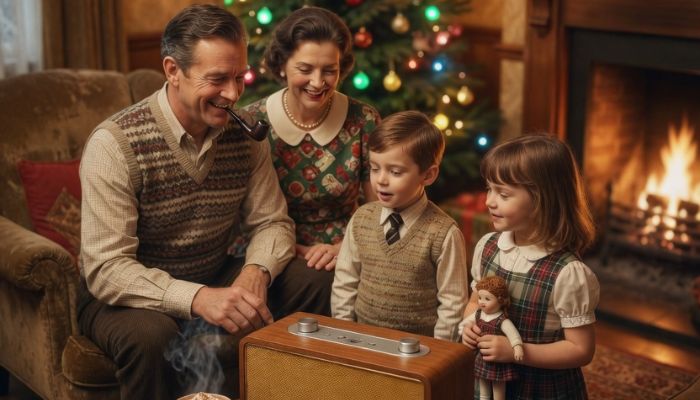 Family listening to vintage Christmas music on retro styled wireless speaker on cosy winter evening - Grok Imagine