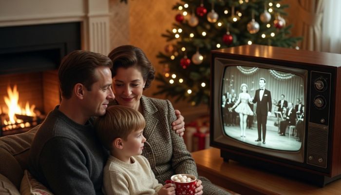 Family watching classic black and white 1960s Christmas television together on cosy winter evening - Grok Imagine