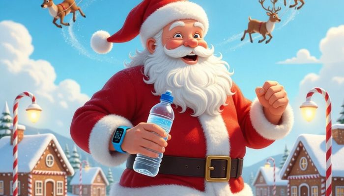 Father Christmas jogging around North Pole in summer with reindeer practising formation flying in background - Grok Imagine