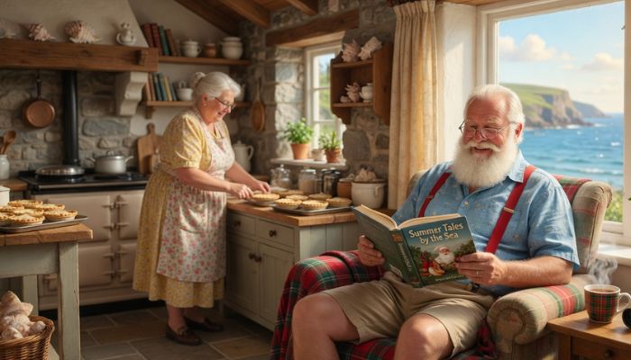 Father Christmas relaxing in cosy Scottish coastal cottage on summer holiday with Mrs Claus baking in background - Grok Imagine
