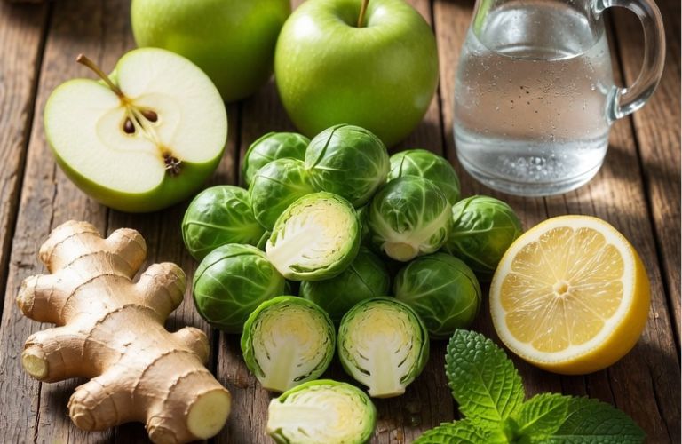 Fresh Brussels sprout juice recipe ingredients including sprouts apples ginger lemon and mint on rustic wooden surface - grok imagine