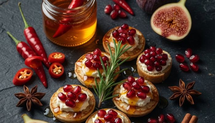 Fruity and spicy Christmas food ingredients including hot honey chillies figs pomegranate and festive canapés on slate - Grok Imagine