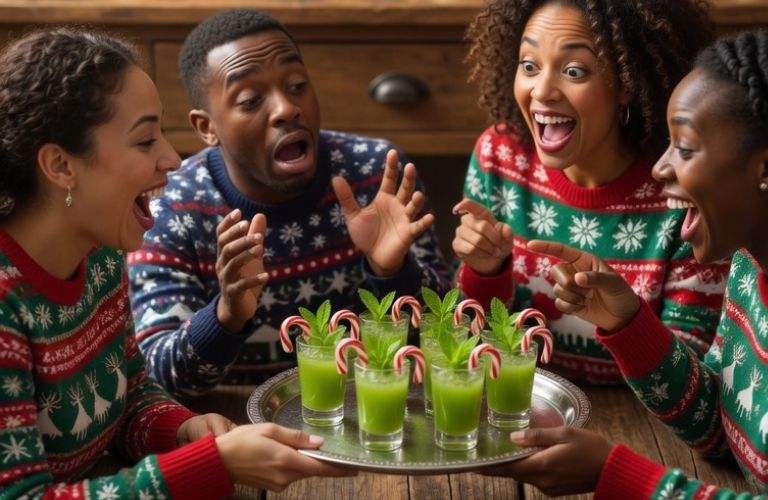 Group of friends at Christmas party reacting with dramatic expressions to tray of green Brussels sprout juice shots - grok imagine