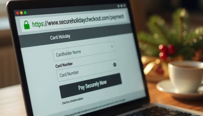 Laptop screen showing secure website with padlock symbol and https in browser address bar beside Christmas decorations -Grok Imagine