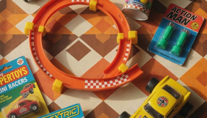 Late 1960s British Christmas toys including die cast toy cars spy themed car and vegetable character toy- Grok Imagine
