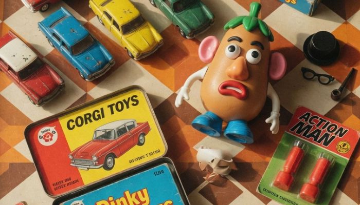 Mid1960s British Christmas toys including speed cars loop the potatoe man - grok imagine