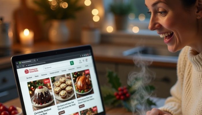 Person browsing supermarket Christmas food on laptop in cosy kitchen with Christmas decorations and shopping list - Grok Imagine