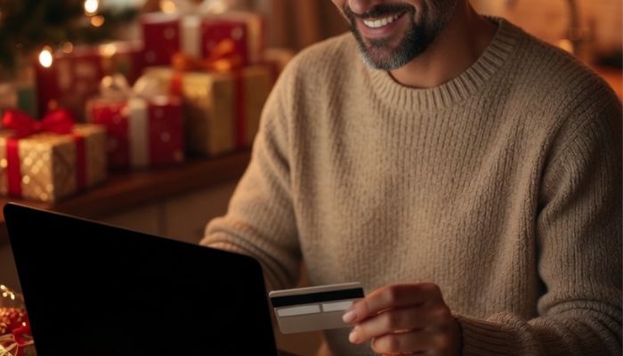 Person holding credit card shopping safely online on laptop with secure padlock visible on screen - Grok Imagine
