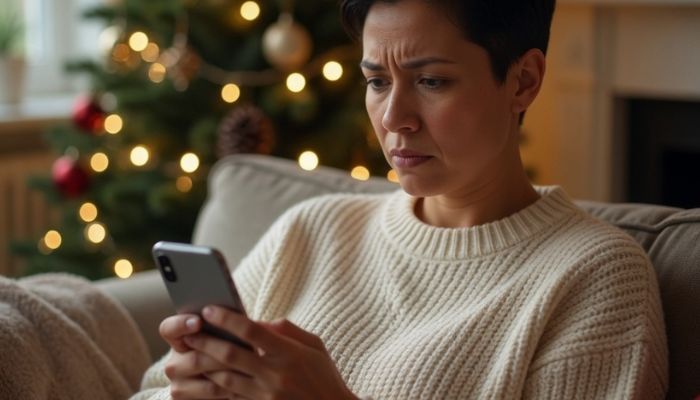Person looking carefully at smartphone in cosy Christmas decorated living room with Christmas tree glowing - Grok Imagine
