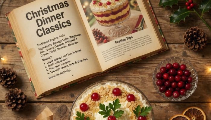 Retro 1960s Christmas dinner ingredients including vintage recipe book trifle bowl and Christmas pudding - Grok Imagine