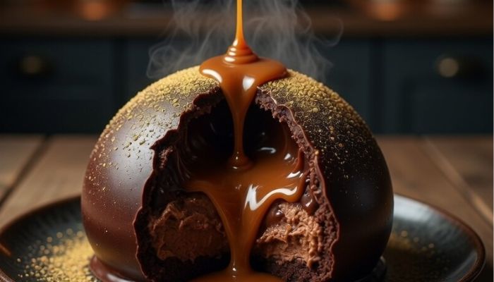 Spectacular showstopper Christmas dessert chocolate shell melting dramatically with salted caramel sauce poured over revealing ganache and mousse inside - Grok Imagine