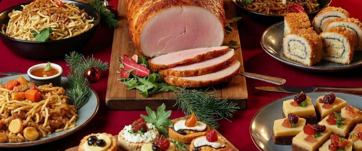 Spectacular modern Christmas feast spread with centrepiece roast festive canapés and sharing boards on decorated table - Grok Imagine