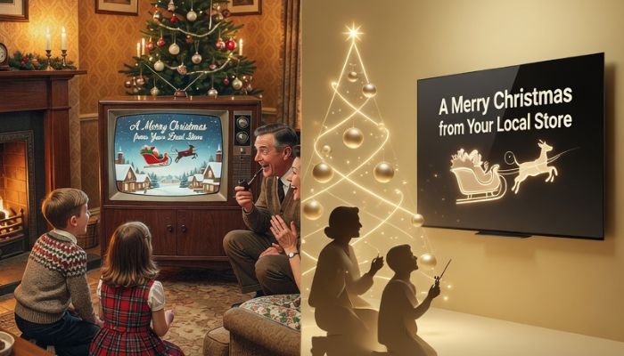 Split illustration showing evolution of Christmas advertising from 1960s magazine style to modern aesthetic with timeline - Grok Imagine