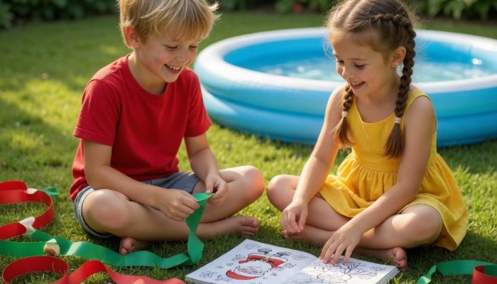 Two children doing Christmas crafts together on sunny summer garden lawn with paper chains and Christmas books - Grok Imagine