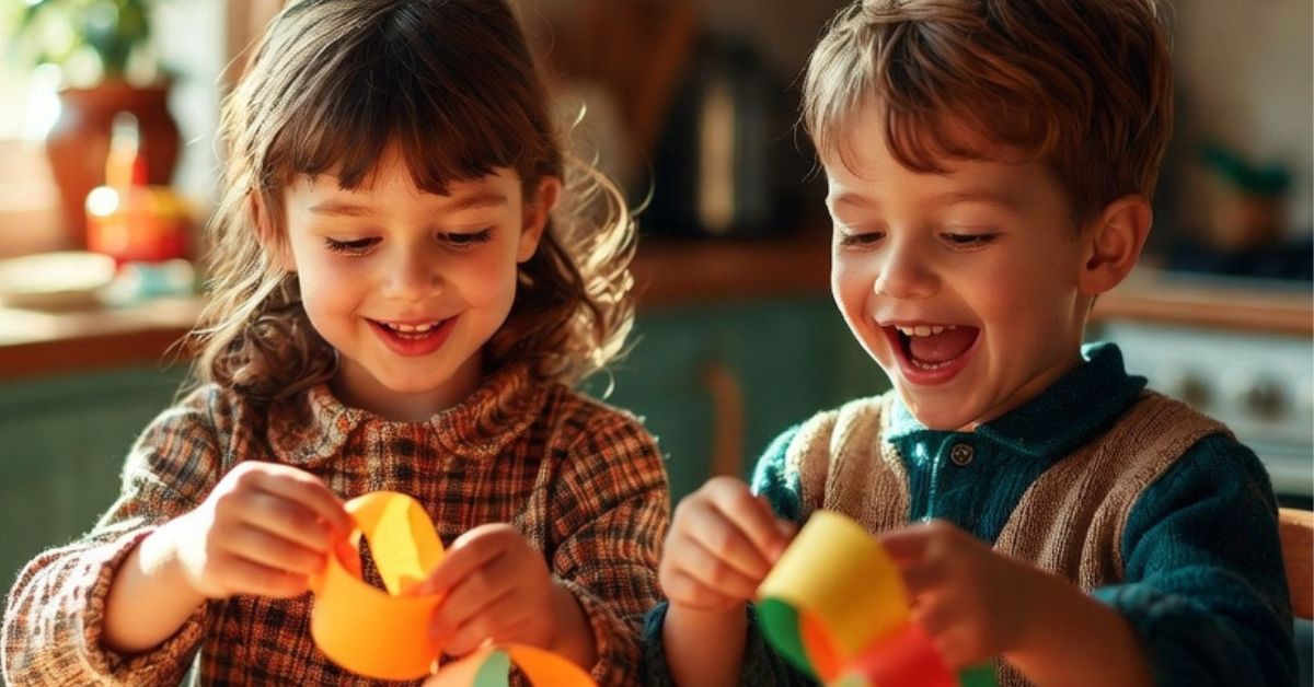Two children enjjoying making a 60s inspired christmas paperchain - grok imagine
