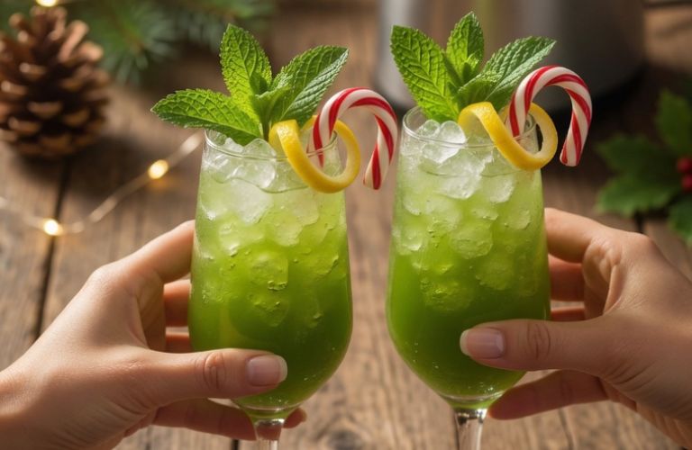 Two elegant glasses of green Christmas sprout juice served over ice with mint garnish on Christmas entertaining table - grok imagine