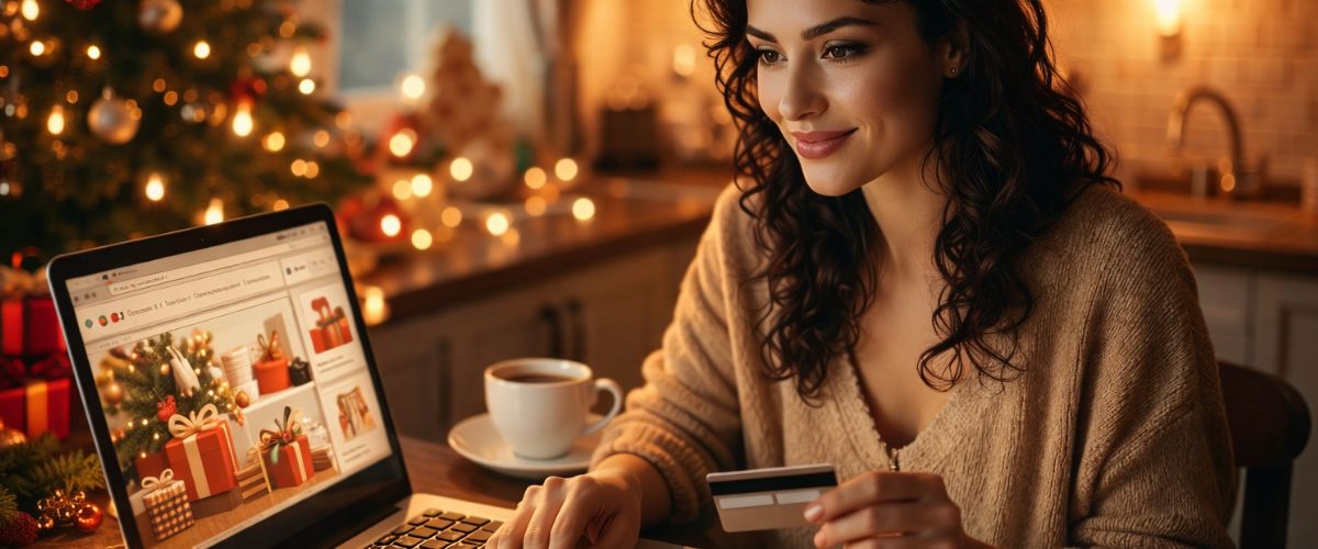 Woman doing safe online Christmas shopping on laptop at kitchen table with credit card and Christmas decorations - Grok Copilot Ai
