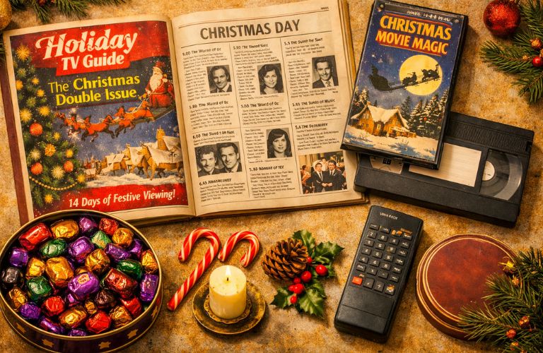 1980s British Christmas TV memorabilia including Radio Times Christmas issue VHS tape and vintage remote control - Copilot ai