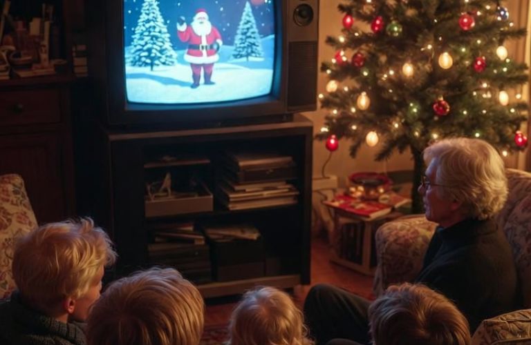 1980s British family gathered around colour television on Christmas afternoon - grok imagine