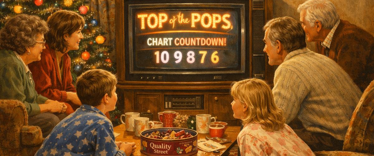 1980s British family gathered around colour television on Christmas morning watching Top of the Pops chart countdown -copilot