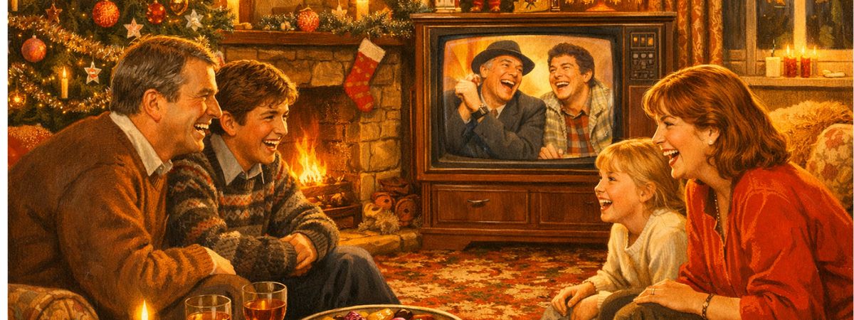 1980s British family laughing together at Christmas comedy special on television with Quality Street and decorations - copilot ai