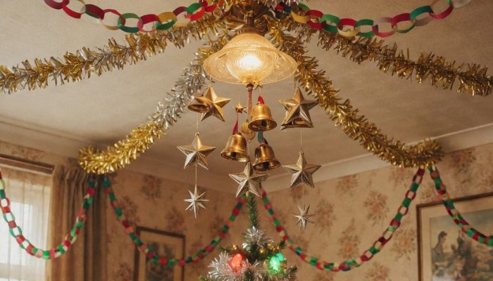 1980s British living room ceiling decorated with concertina foil garlands paper chains and hanging foil bells and stars - grok imagine