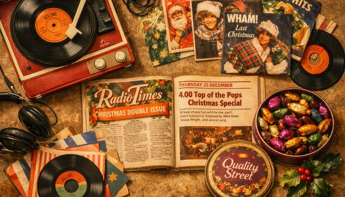 1980s Christmas numbers ones - music memorabilia including vinyl singles record player Radio Times and Quality Street tin - copilot
