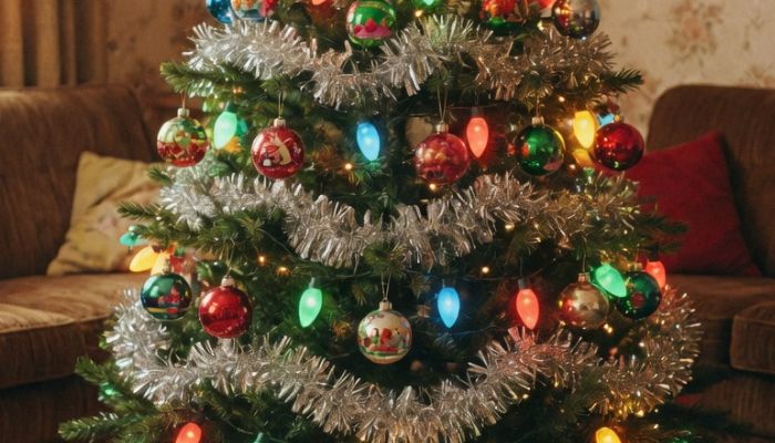 Authentic 1980s British Christmas tree covered in silver tinsel lametta multicoloured baubles and coloured bulb lights - grok imagine