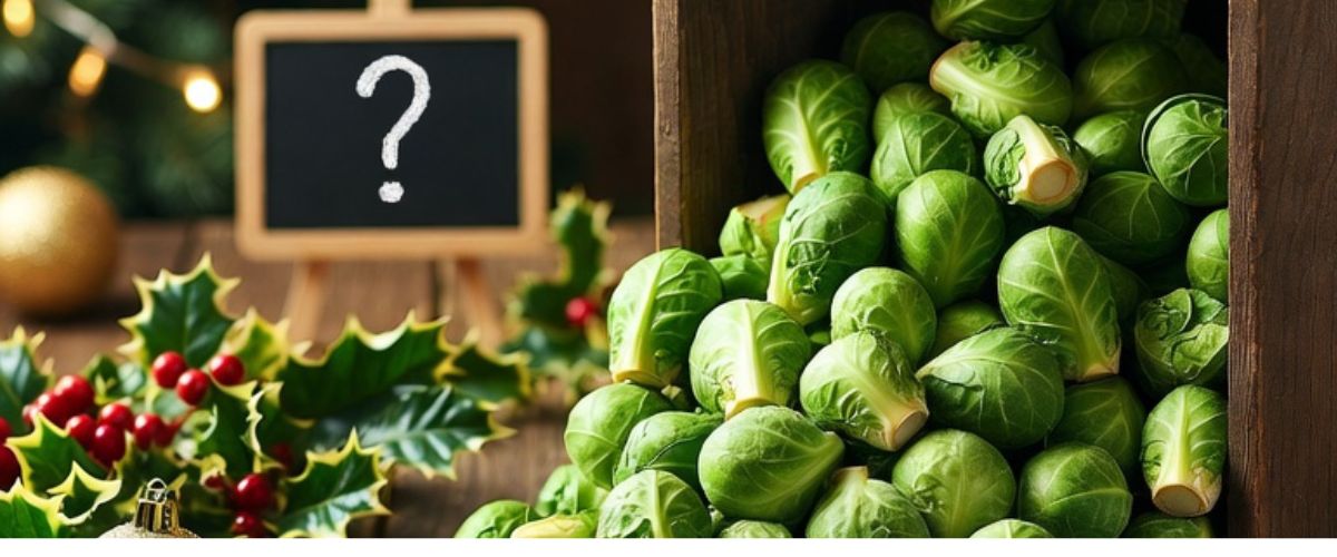 Brussels sprouts tumbling from wooden crate onto rustic Christmas table with holly and gold decorations - grok imagine