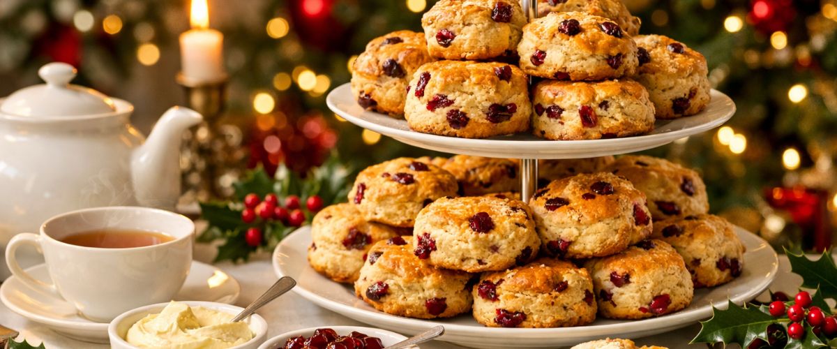 Christmas afternoon tea with tiered cake stand of golden fruit scones clotted cream cranberry jam and pot of tea - copilot ai