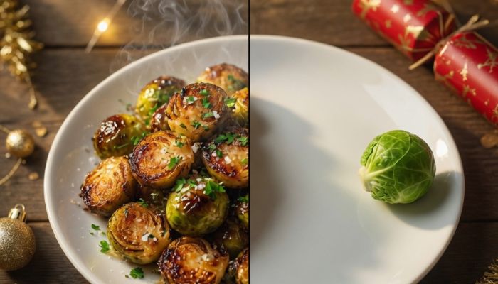 Christmas dinner table divided showing roasted Brussels sprouts on one side and empty plate with single sprout on edge - GrokImagine