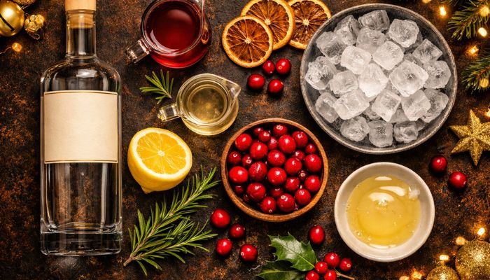 Christmas gin cocktail recipe ingredients including gin lemon cranberry juice egg white and festive garnishes on dark surface - copilot