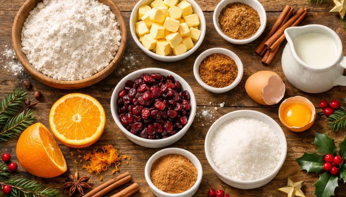 Christmas scone recipe ingredients including flour butter cranberries orange mixed spice and cinnamon on rustic surface - copilot ai