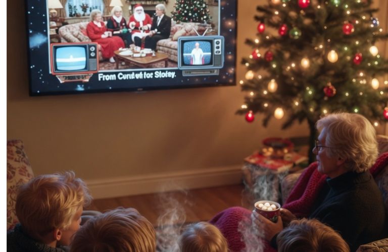 Family watching classic 1980s British Christmas comedy on modern television with Christmas tree glowing in background - grok imagine