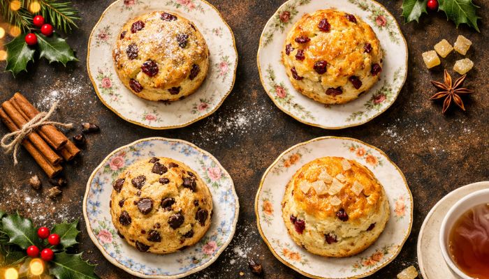 Four Christmas scone variations including fruit cheese cranberry and chocolate chip on dark festive surface - copilot ai