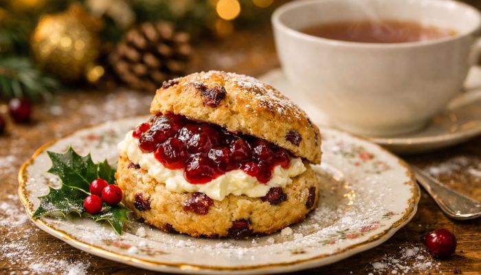Golden Christmas fruit scone split open with clotted cream and cranberry jam on vintage china plate - copilot ai