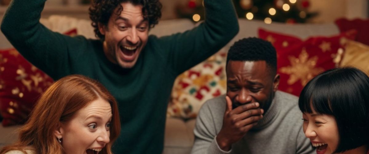 Group of friends laughing together playing Christmas card trivia game in beautifully decorated festive living room - Grok Imagine