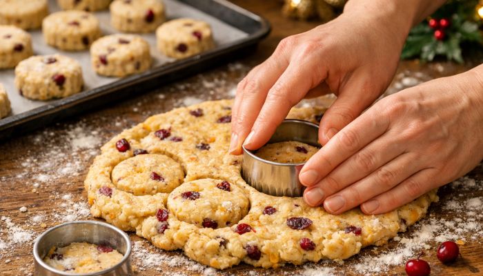 Hands cutting out Christmas fruit scones from spiced dough with cranberries on floured wooden surface - copilot ai