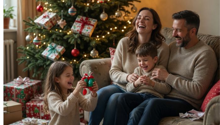 Happy relaxed family together on Christmas Day in imperfectly decorated living room with wrapping paper everywhere - grok imagine