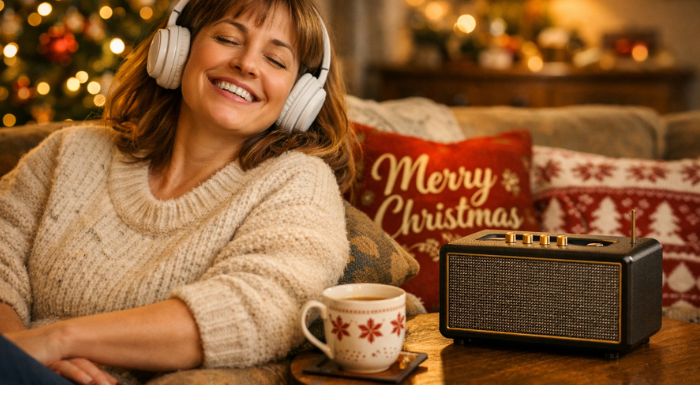 Person listening to 1980s Christmas music on wireless speaker in beautifully decorated Christmas living room - copilot