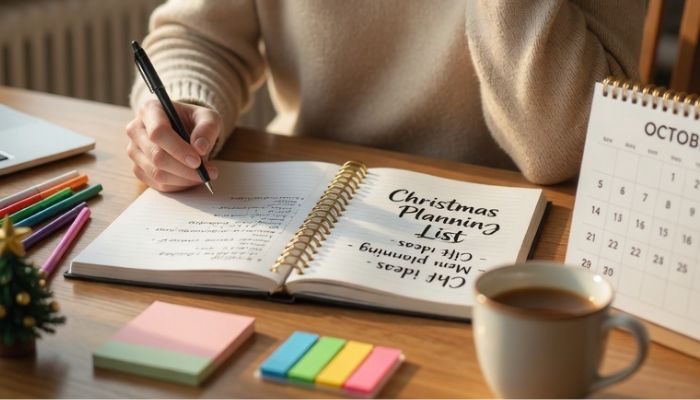 Person making Christmas planning list in notebook with coloured pens and calendar showing autumn month - grok imagine