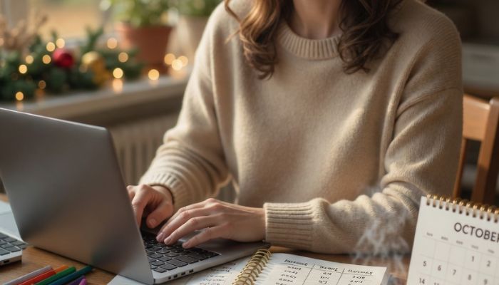 Person managing Christmas budget on laptop with notebook showing budget columns and mug of tea - grok imagine