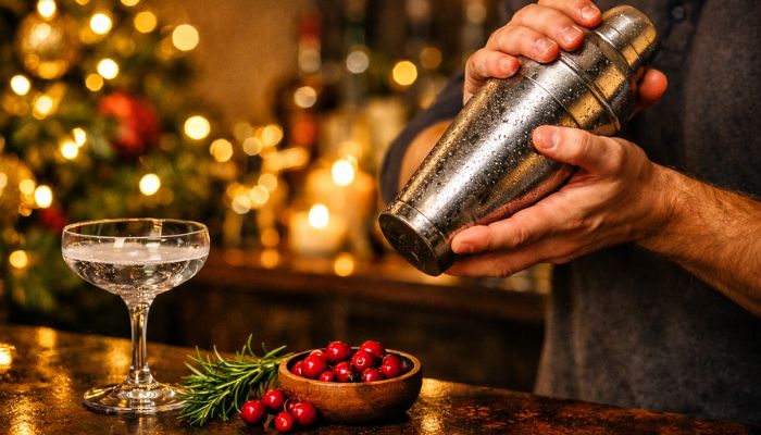 Person shaking cocktail shaker at Christmas home bar with coupe glass rosemary and cranberries ready for garnish - copilot
