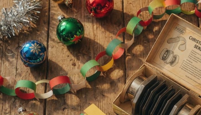 Retro 1980s inspired Christmas decorations including tinsel lametta multicoloured baubles and foil garland on - grok imagine