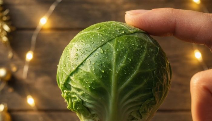 Single perfect Brussels sprout held dramatically against blurred Christmas fairy lights background - Grok Imagine
