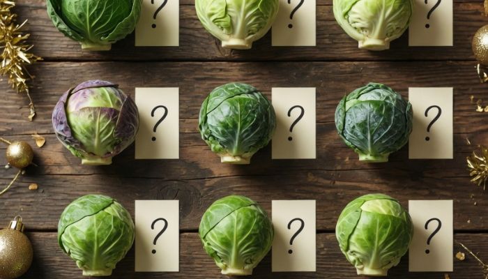 Ten different Brussels sprout varieties arranged in grid with question mark labels on dark festive surface - grok imagine