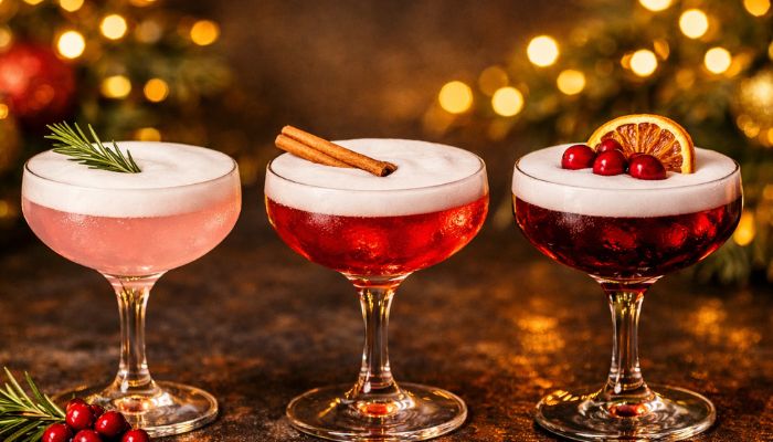 Three variations of Santa's Sunset Christmas gin cocktail in coupe glasses showing different ruby red tones with festive garnishes - copilot
