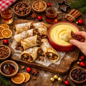 Warm Christmas Pudding Wraps with Brandy Custard Dipping Sauce