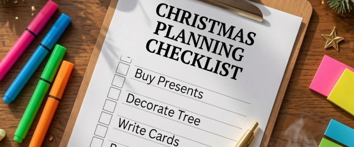 Christmas planning checklist on clipboard with gold pen sticky notes highlighters and festive decorations