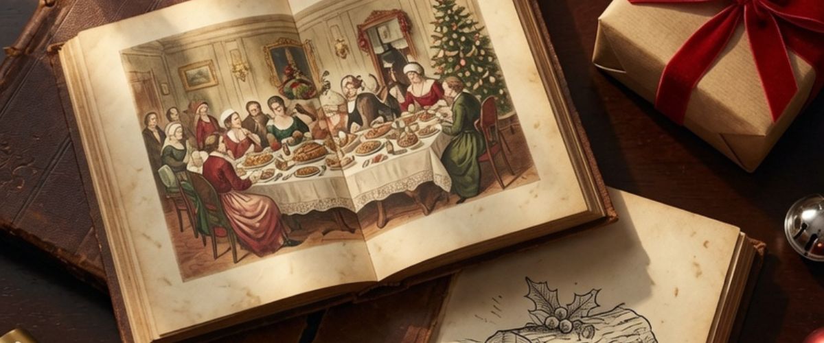 Christmas facts and trivia scene with open historical books vintage Christmas card cracker and decorations on dark surface - grok imagine